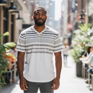 American Rag Men's V-Neck Short Sleeve White Gray Striped T-Shirt Size Small